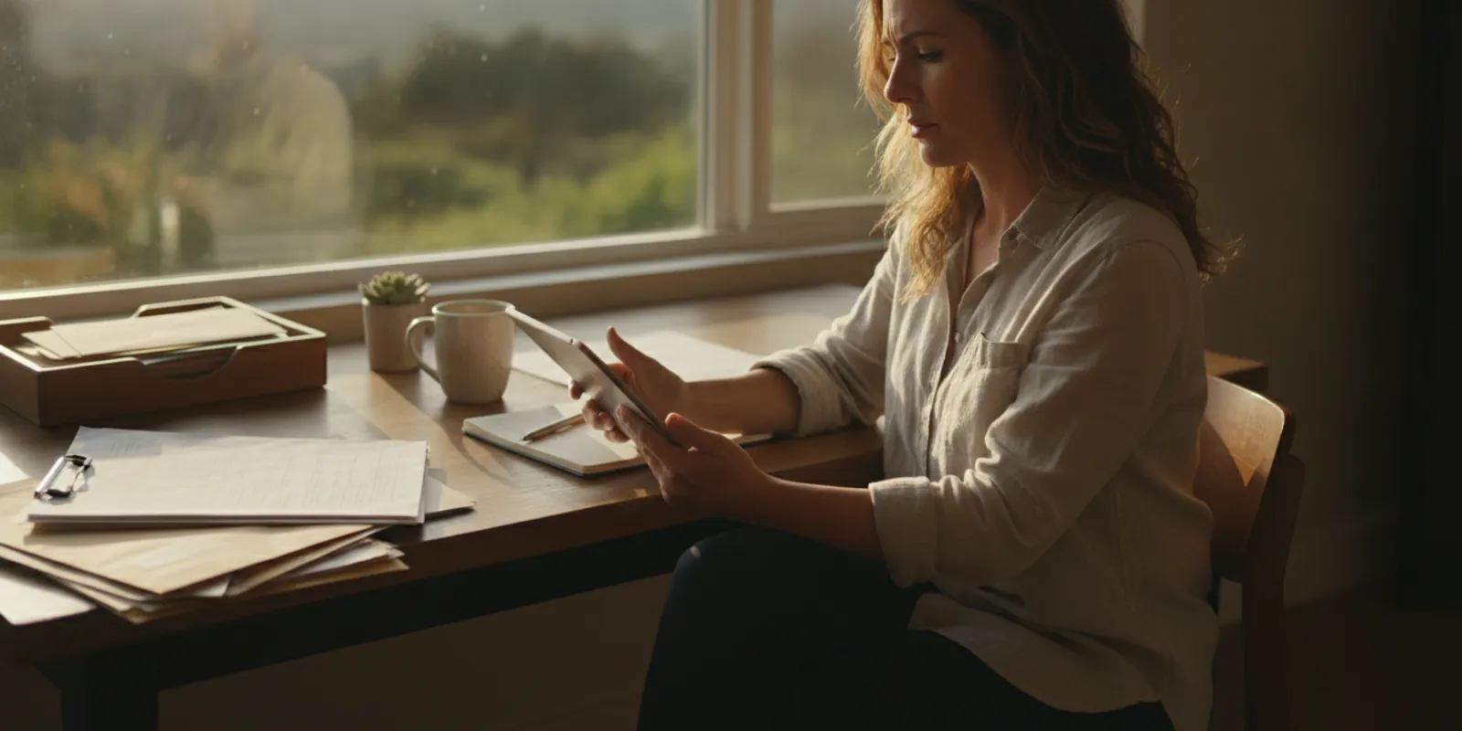 Worker reviewing job records and schedules while considering employee classification